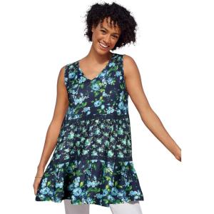 Woman Within Plus Size Tiered Tank(Navy Rose Floral)