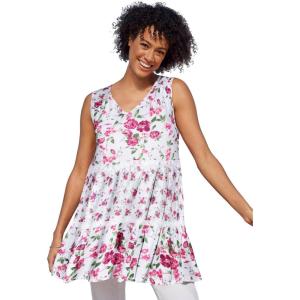 Woman Within Plus Size Tiered Tank(White Rose Floral)