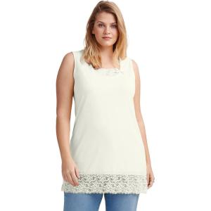 ellos Plus Size Cotton Spandex Lace Trimmed Scoop Neck Sleeveless Tunic(Ivory)