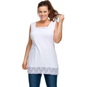 ellos Plus Size Cotton Spandex Lace Trimmed Scoop Neck Sleeveless Tunic(White)
