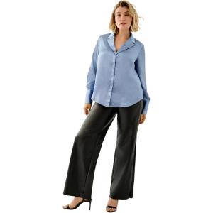 ellos Plus Size Metallic Satin Button-Down Blouse(Pale Indigo)