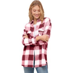 ellos Plus Size Plaid Button-Front Flannel Tunic(Maroon Red White Plaid)