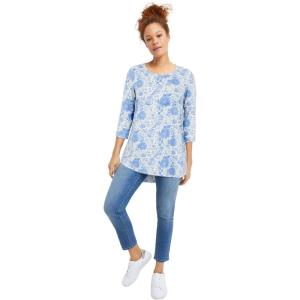 ellos Plus Size Stretch Knit Scoop Neck 3/4 Sleeve Curved Hem Tunic(White Blue Cove Floral)