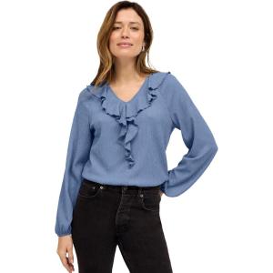 ellos Plus Size Stretch Textured Knit V-Neck Ruffle Front Top(Pale Indigo)