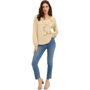 ellos Plus Size Stretch Textured Knit V-Neck Ruffle Front Top(Soft Butter)