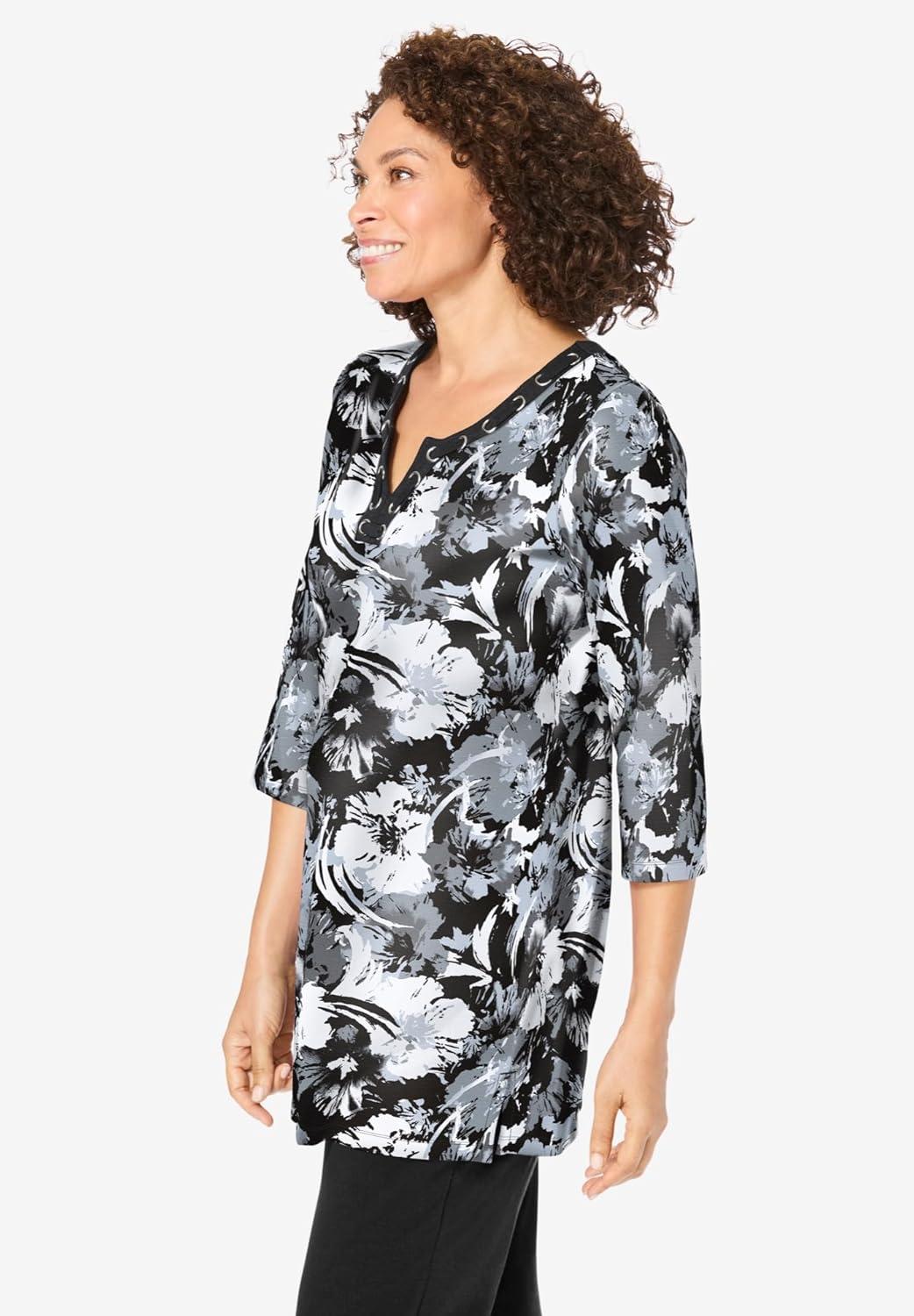 imageWoman Within Plus Size 7Day ThreeQuarter Sleeve Grommet Notch TunicBlack Graphic Floral