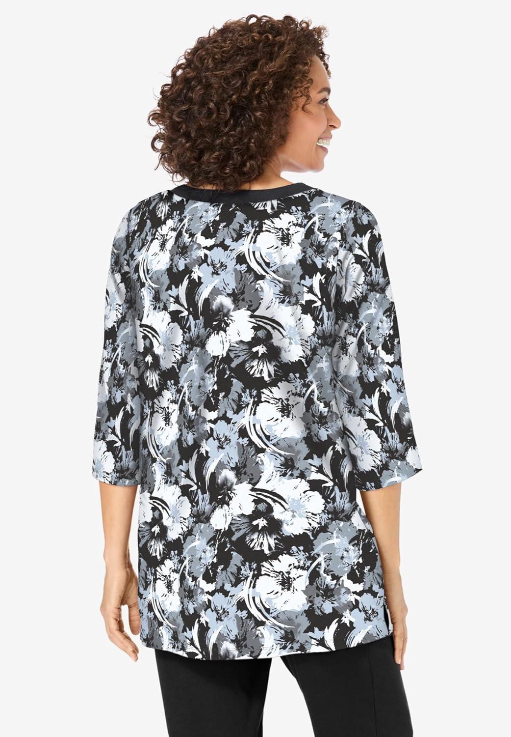 imageWoman Within Plus Size 7Day ThreeQuarter Sleeve Grommet Notch TunicBlack Graphic Floral