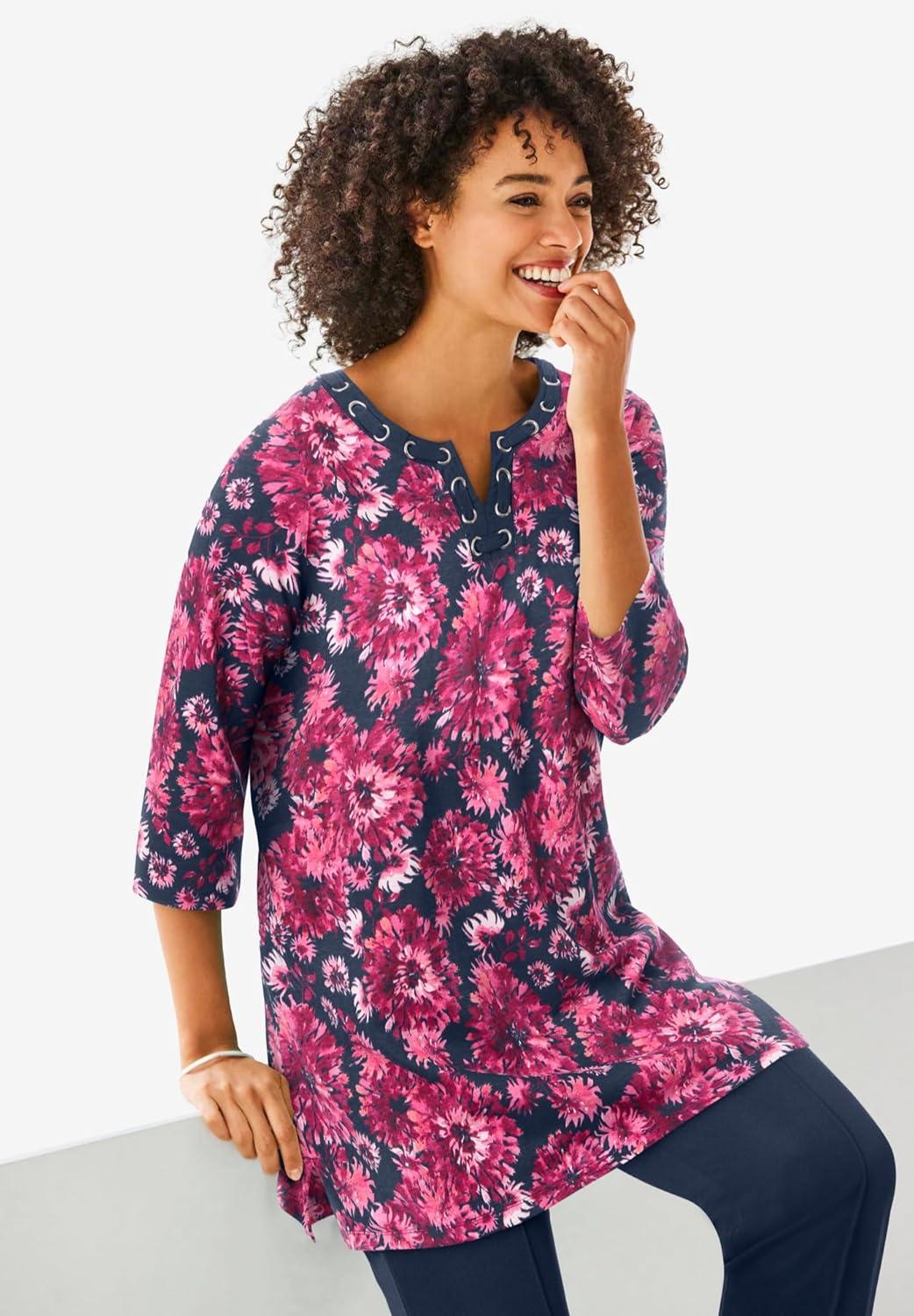 imageWoman Within Plus Size 7Day ThreeQuarter Sleeve Grommet Notch TunicBlack Graphic Floral