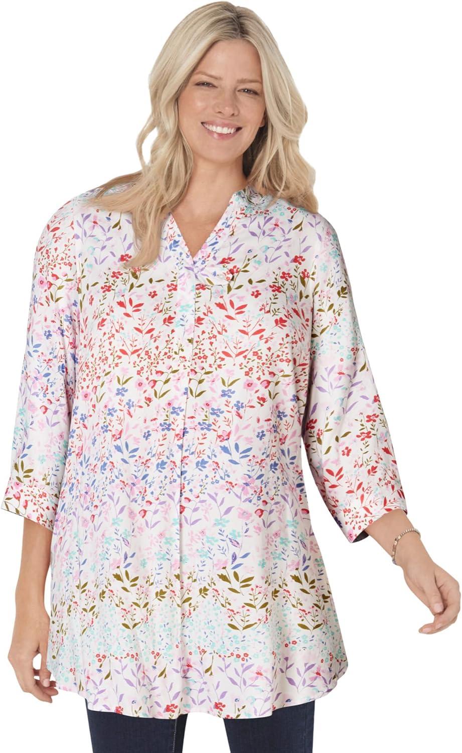 imageWoman Within Plus Size Rayon ThreeQuarter Sleeve Effortless TabFront BlouseAzure Plaid