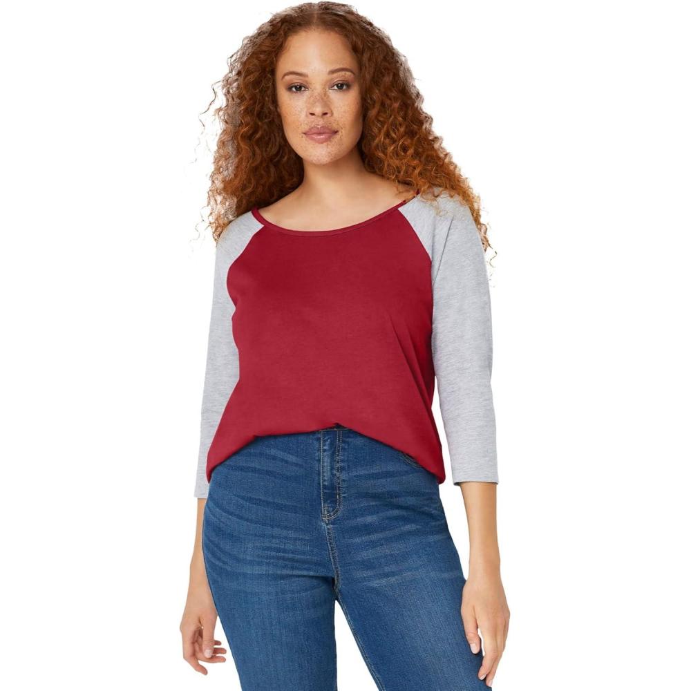 imageEllos Plus Size Colorblock 34 Sleeve TeeMaroon Red Heather Grey