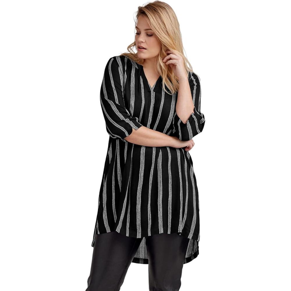 imageEllos Plus Size Notch Neck Crinkle TunicBlack White Stripe