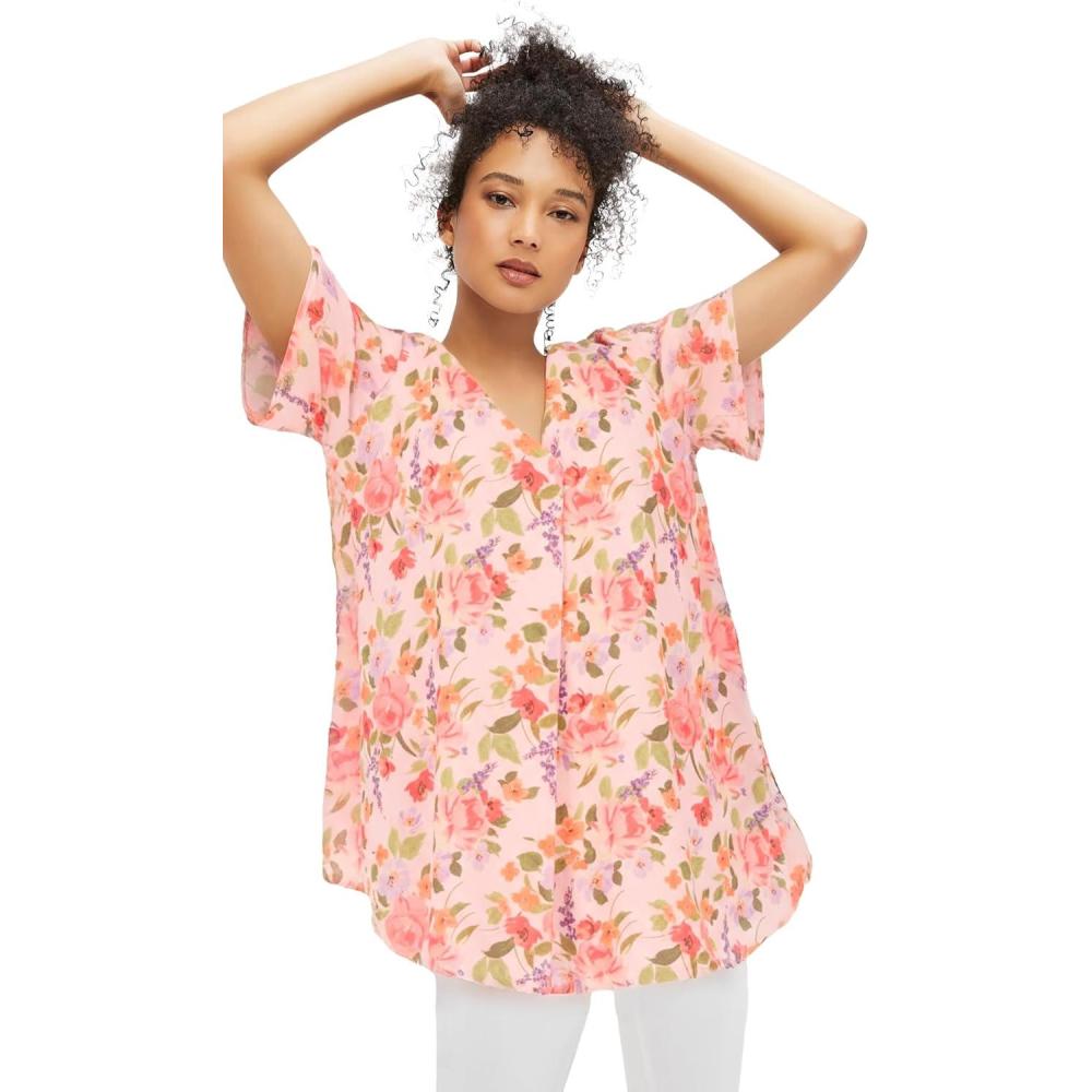 imageEllos Plus Size Short Sleeve Inverted Pleat TunicLilac Whisper Floral
