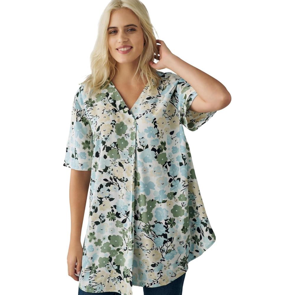 imageEllos Plus Size Short Sleeve Inverted Pleat TunicWhite Aqua Sky Floral