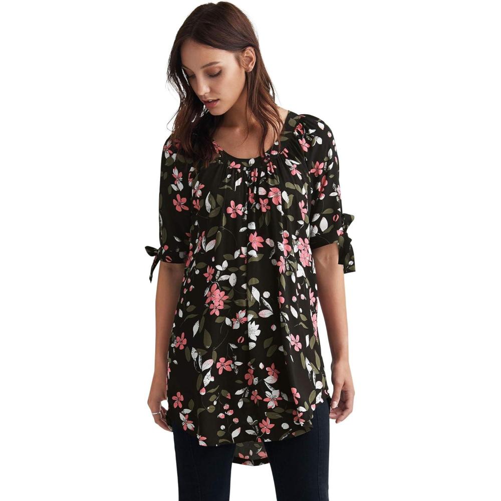 imageEllos Plus Size TieSleeve Scoop Neck TunicBlack Floral Print