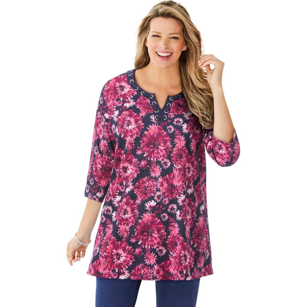 imageWoman Within Plus Size 7Day ThreeQuarter Sleeve Grommet Notch TunicNavy Rasberry Watercolor Floral
