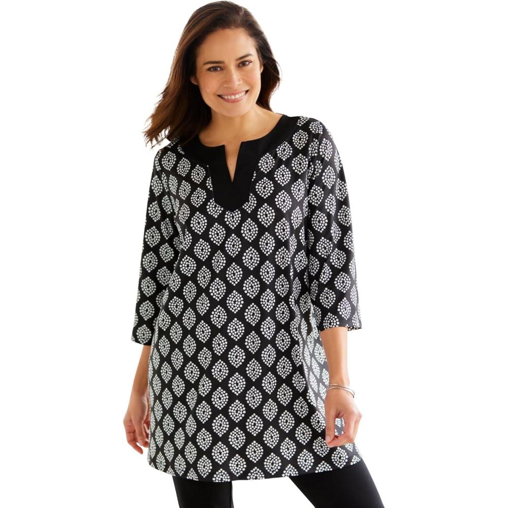 imageWoman Within Plus Size Contrast NotchNeck ThreeQuarter Sleeve Knit TunicBlack Dotted Geo