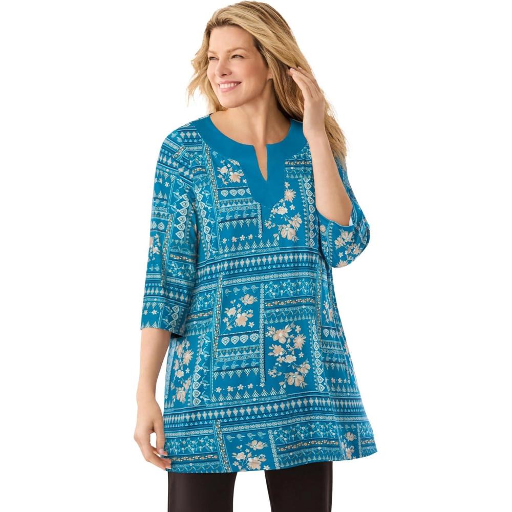imageWoman Within Plus Size Contrast NotchNeck ThreeQuarter Sleeve Knit TunicDeep Teal Cottage Patch