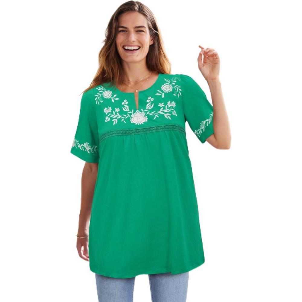 imageWoman Within Plus Size Embroidered SplitNeck TunicTropical Emerald Vine Embroidery
