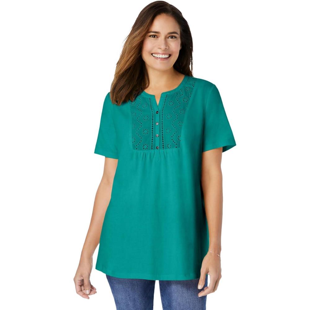 imageWoman Within Plus Size Eyelet Henley TeeWaterfall