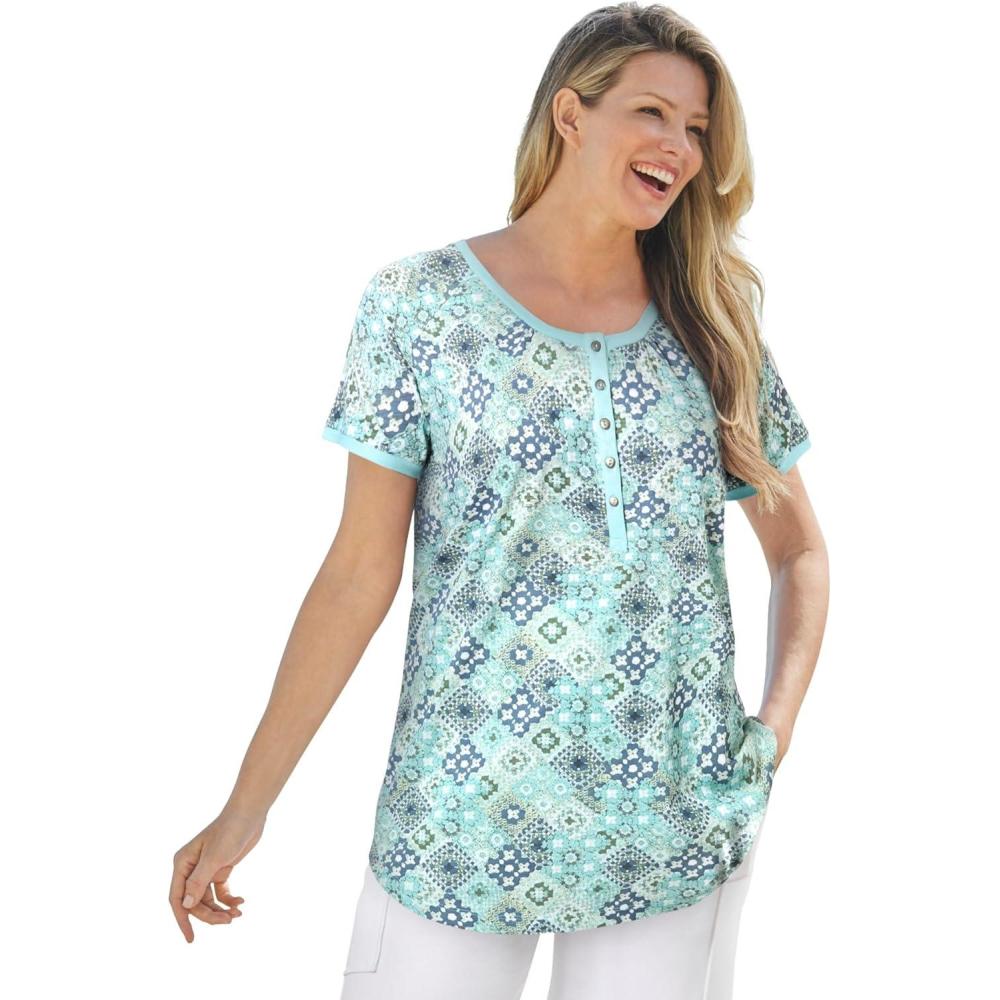imageWoman Within Plus Size Knit Henley TunicSeamist Blue Tile Patchwork