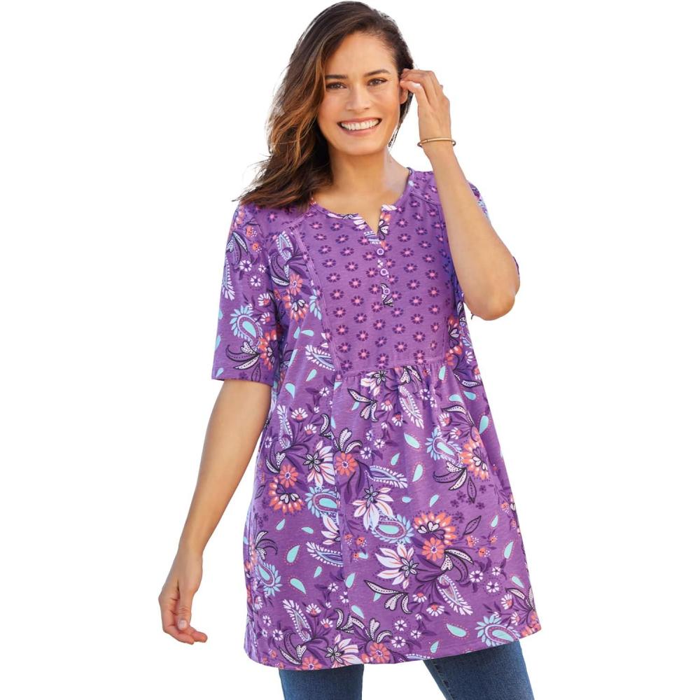 imageWoman Within Plus Size Mixed Print Henley TunicPretty Violet Charming Paisley