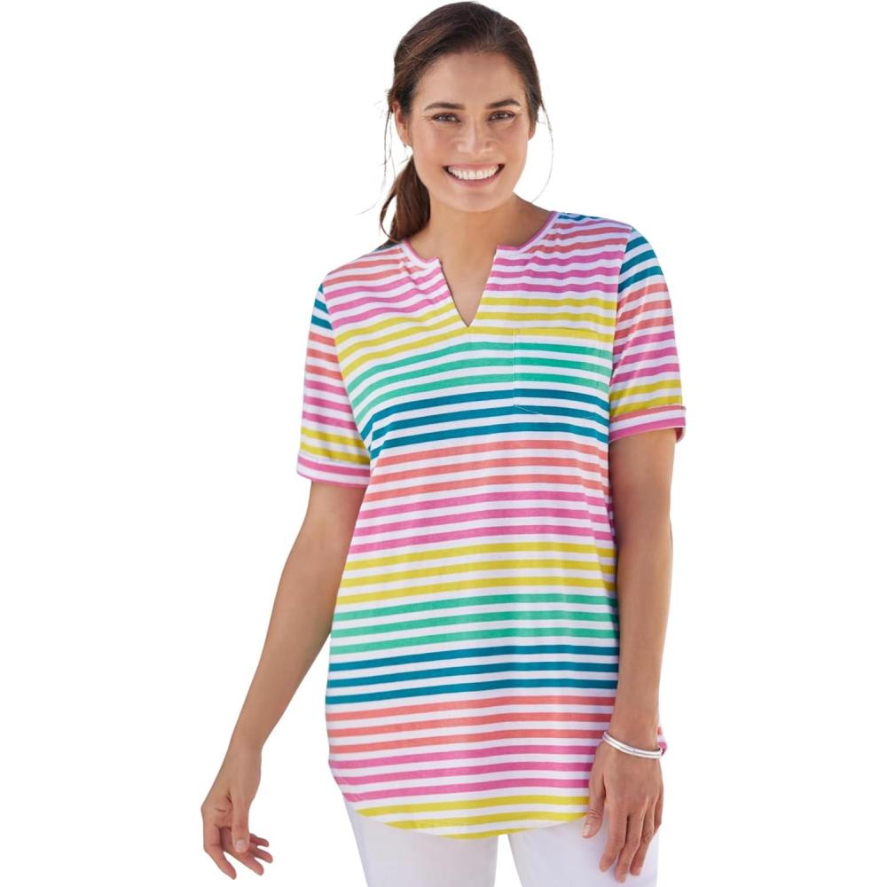 imageWoman Within Plus Size NotchNeck Pocket TeeWhite Colorful Stripe