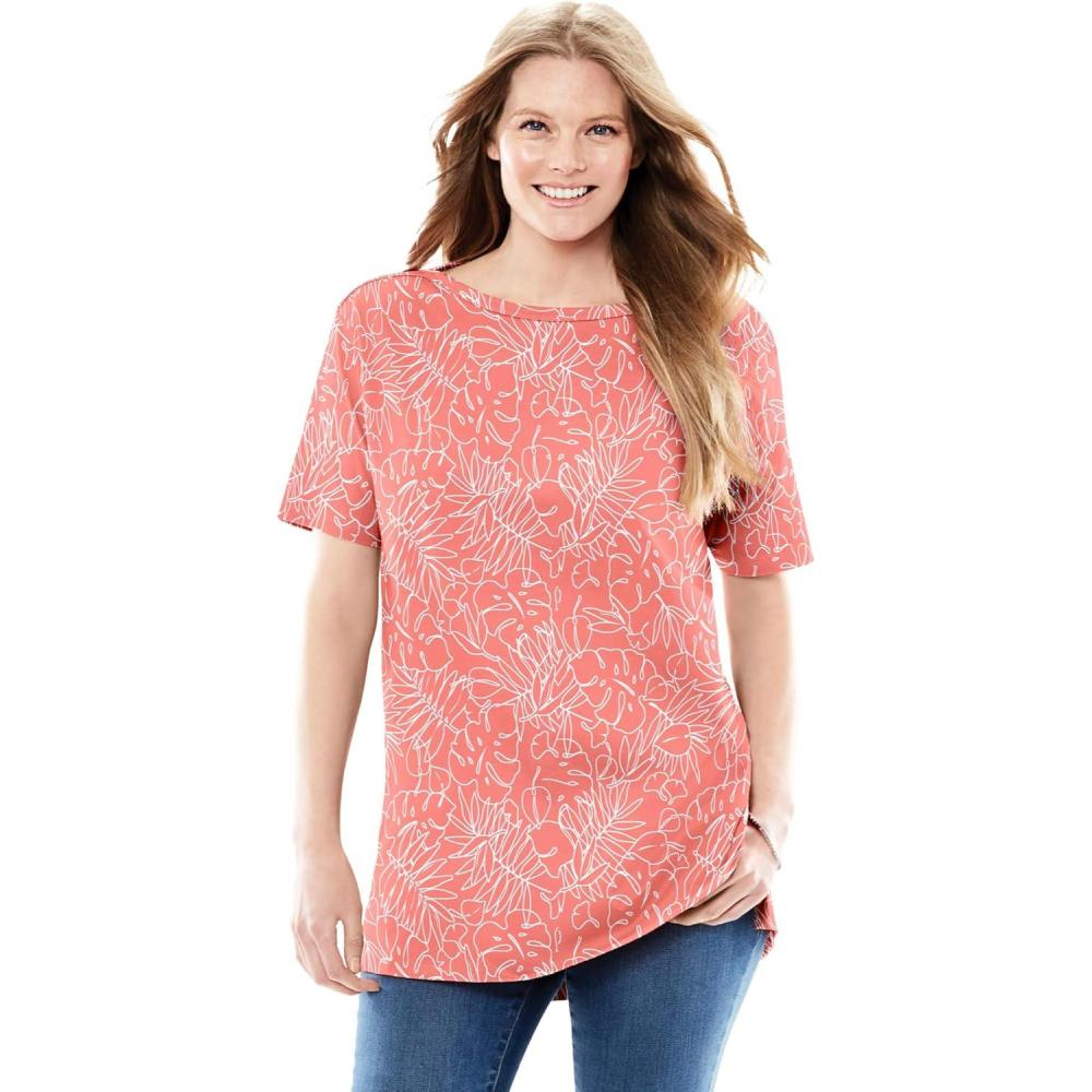 imageWoman Within Plus Size Perfect Printed ShortSleeve Boatneck TunicSweet Coral Palm