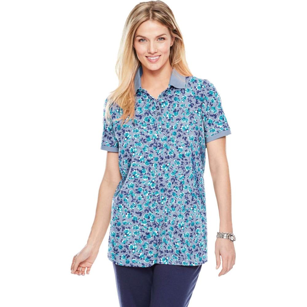 imageWoman Within Plus Size Perfect Printed ShortSleeve Polo ShirtHeather Grey Azure Blossom Vine