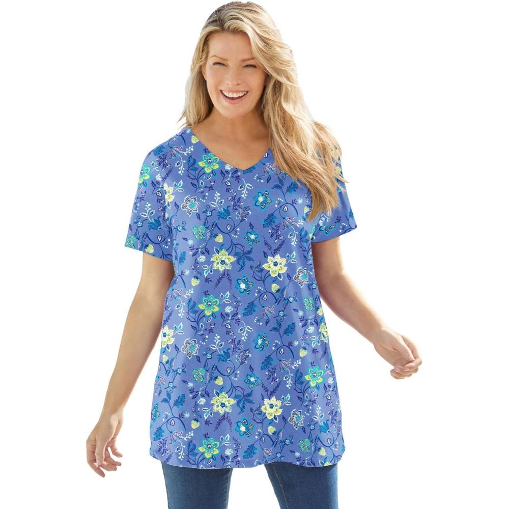 imageWoman Within Plus Size Perfect Printed ShortSleeve VNeck TunicFrench Blue Jacquard Floral
