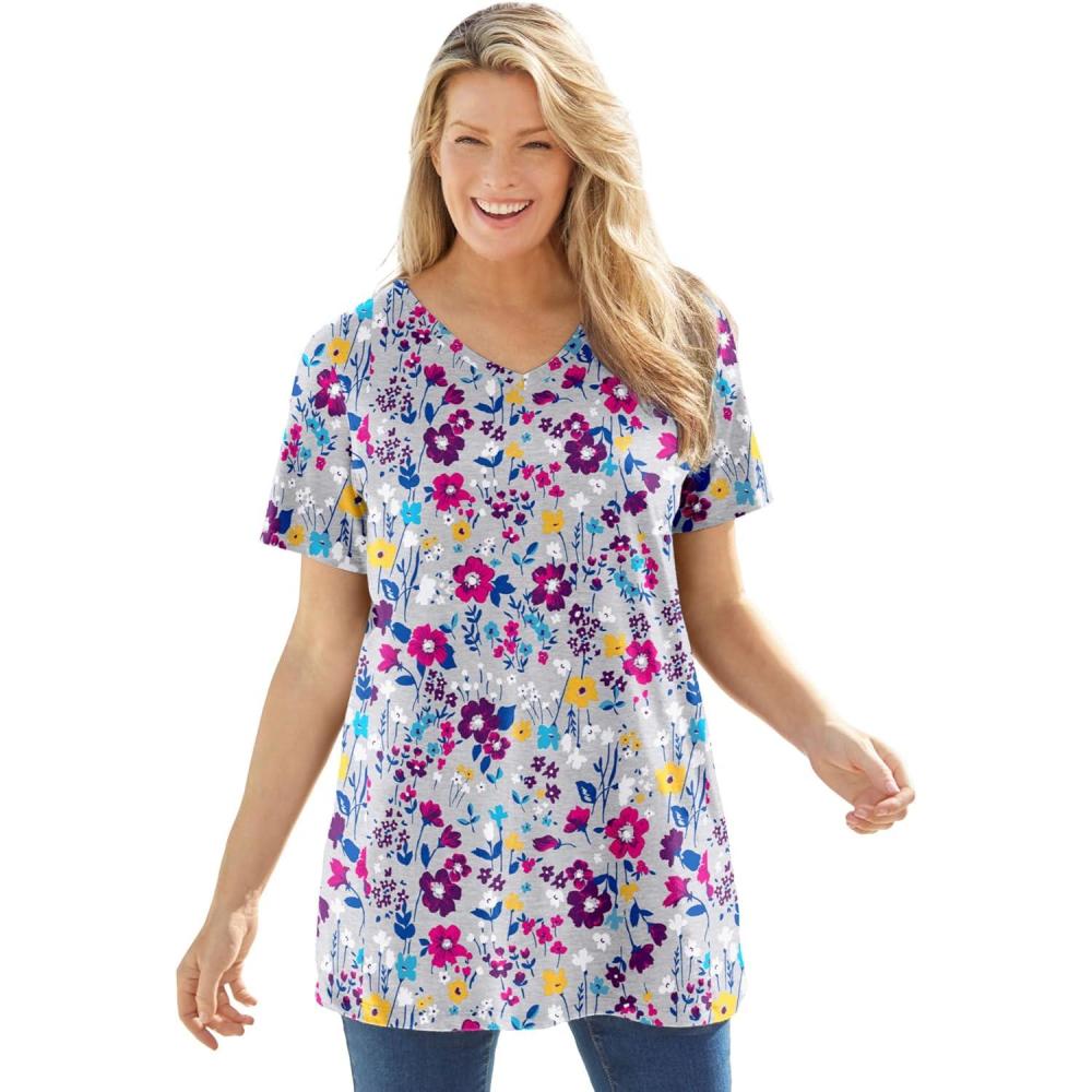 imageWoman Within Plus Size Perfect Printed ShortSleeve VNeck TunicHeather Grey Field Floral