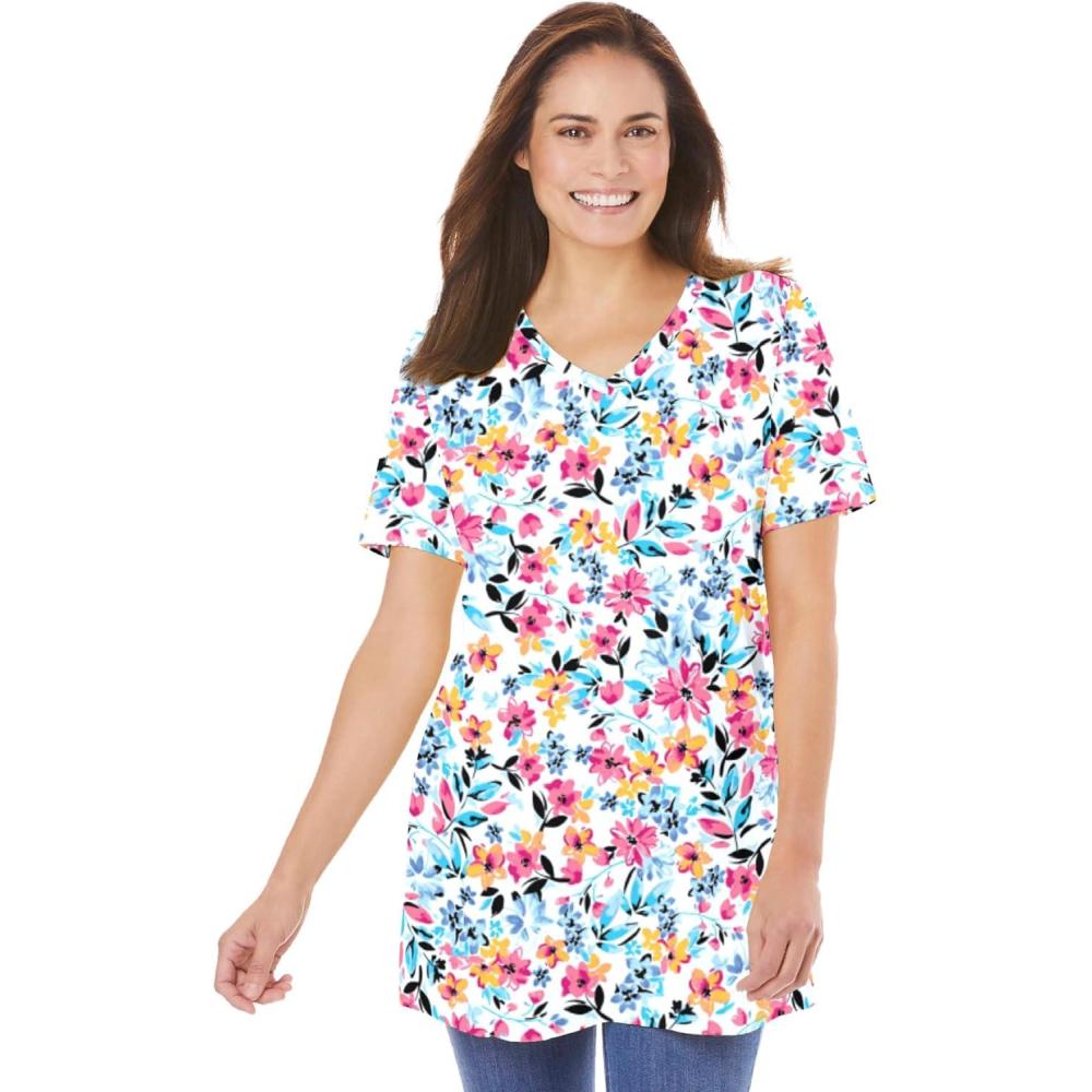 imageWoman Within Plus Size Perfect Printed ShortSleeve VNeck TunicWhite Painterly Bloom