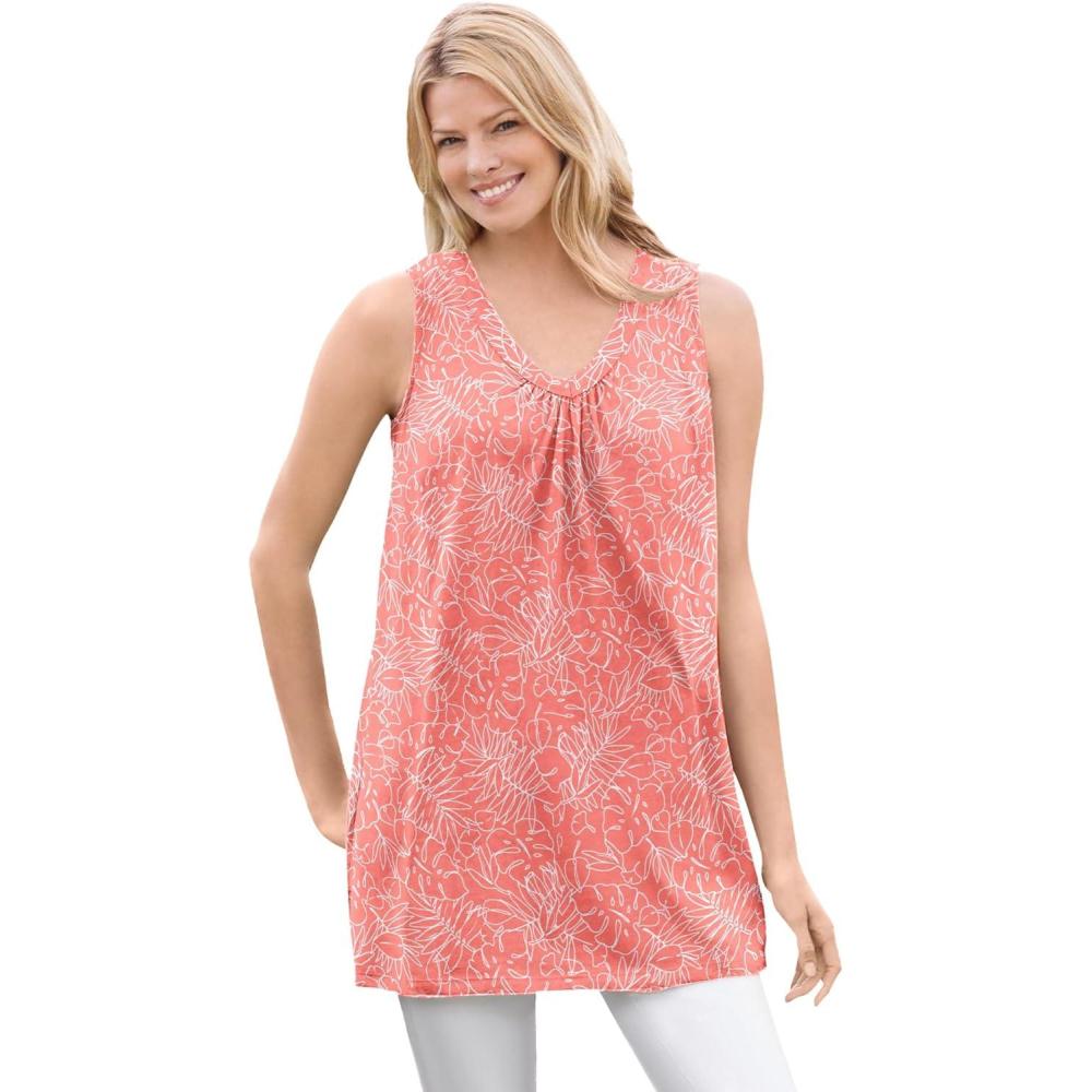 imageWoman Within Plus Size Perfect Printed Sleeveless Shirred VNeck TunicSweet Coral Palm
