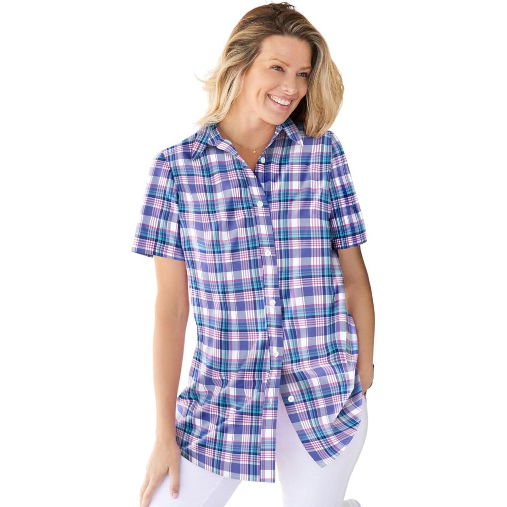 imageWoman Within Plus Size Petite Perfect Short Sleeve ShirtTulip Purple Charming Plaid