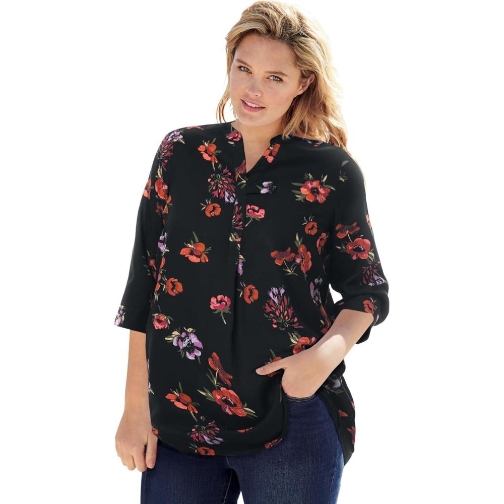 imageWoman Within Plus Size Rayon ThreeQuarter Sleeve Effortless TabFront BlouseBlack Magnolia