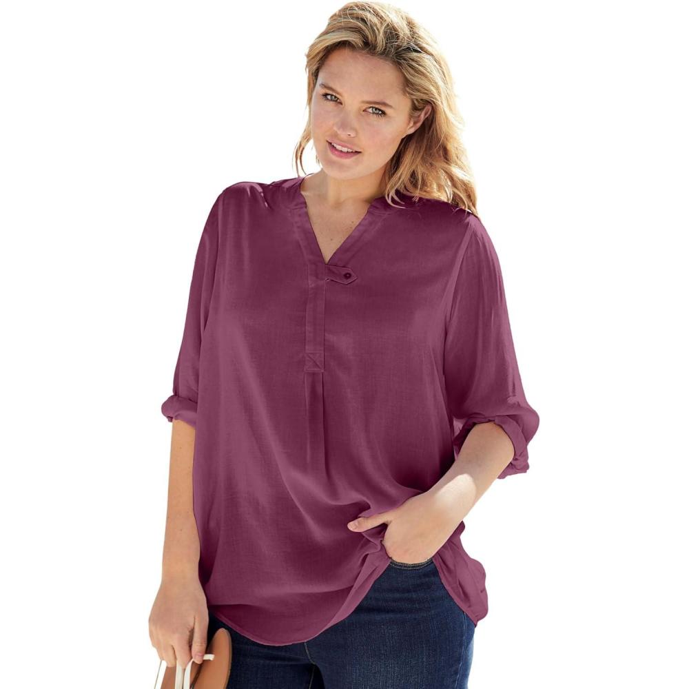 imageWoman Within Plus Size Rayon ThreeQuarter Sleeve Effortless TabFront BlouseDeep Claret