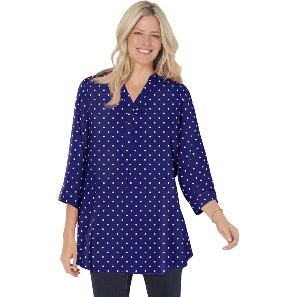 imageWoman Within Plus Size Rayon ThreeQuarter Sleeve Effortless TabFront BlouseNavy Dot