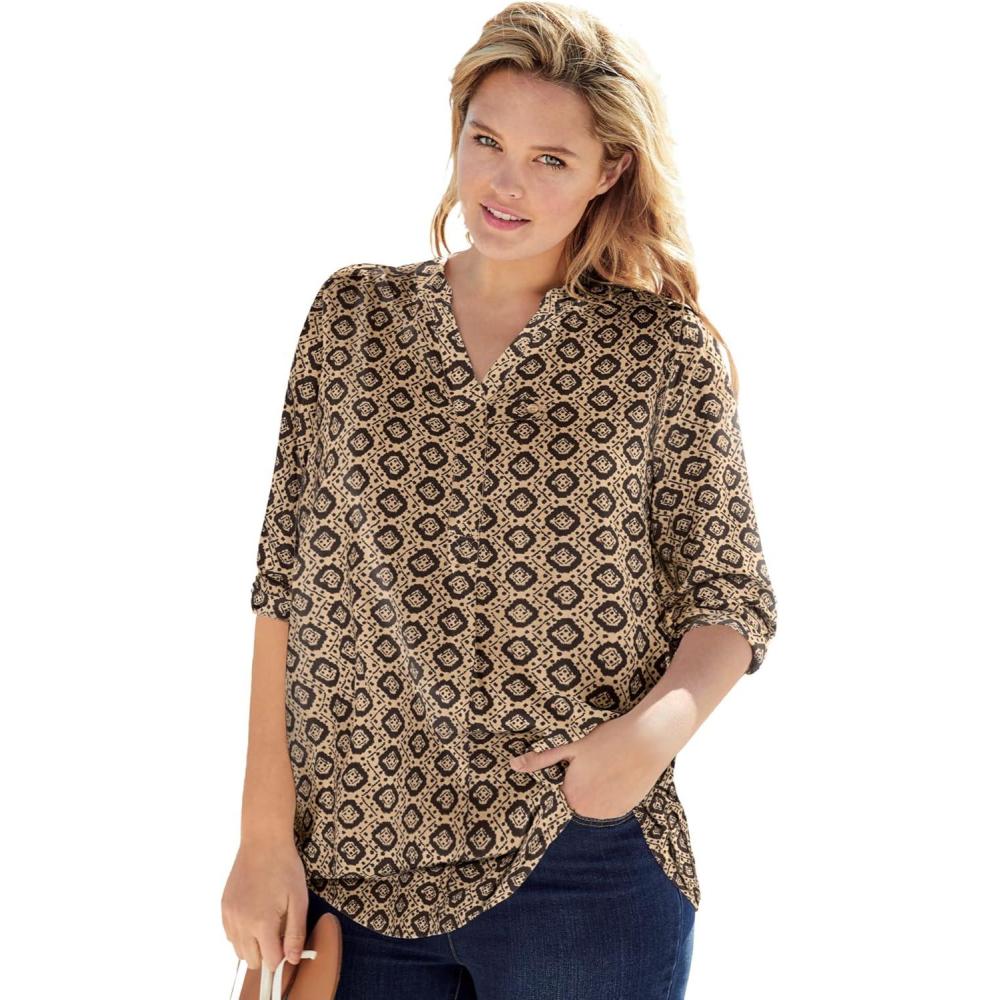 imageWoman Within Plus Size Rayon ThreeQuarter Sleeve Effortless TabFront BlouseNew Khaki Geo