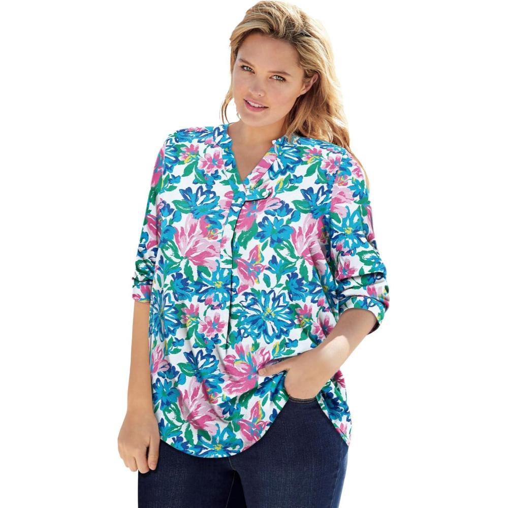 imageWoman Within Plus Size Rayon ThreeQuarter Sleeve Effortless TabFront BlouseWhite Blue Painted Floral