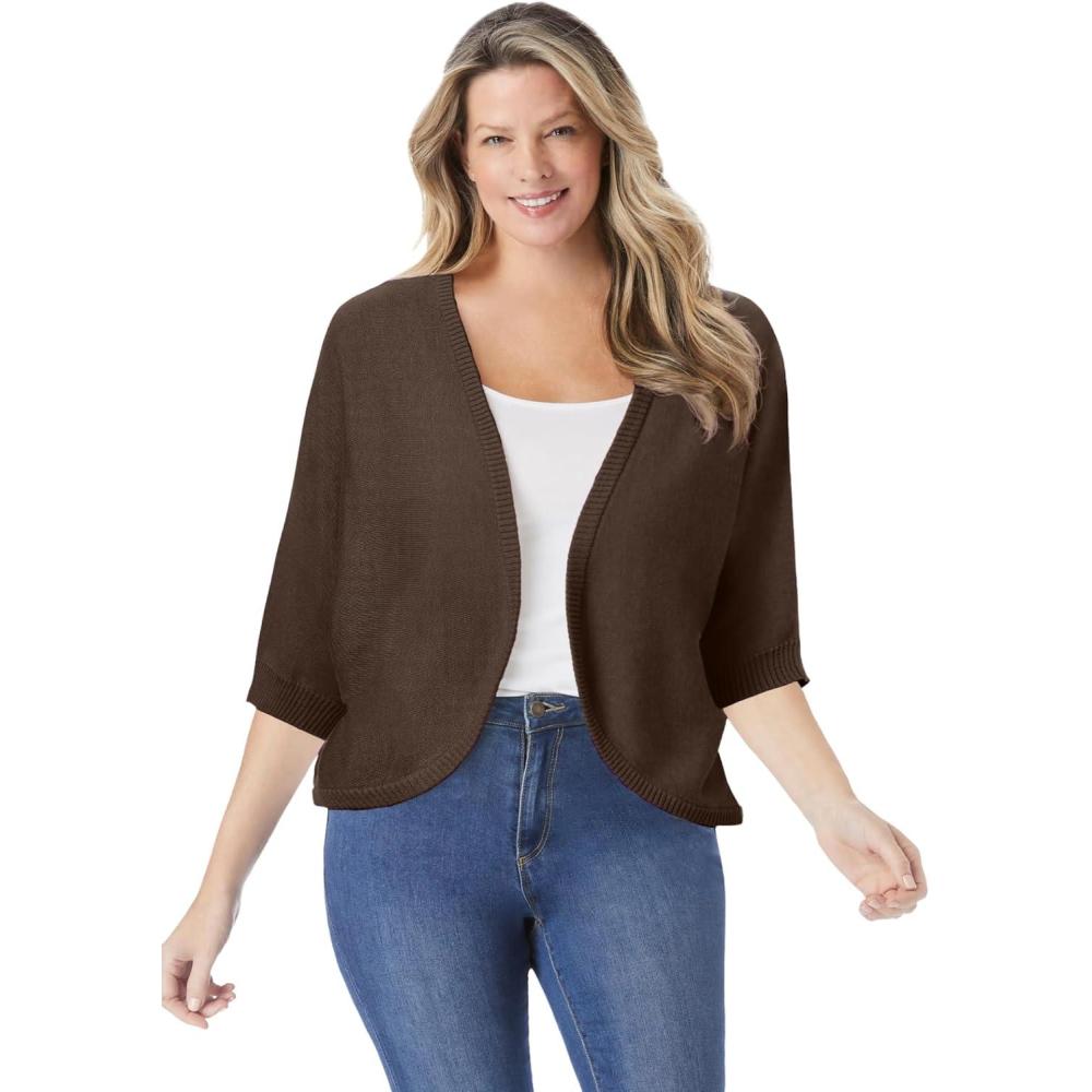 imageWoman Within Plus Size Rib Trim Cardigan Shrug SweaterChocolate