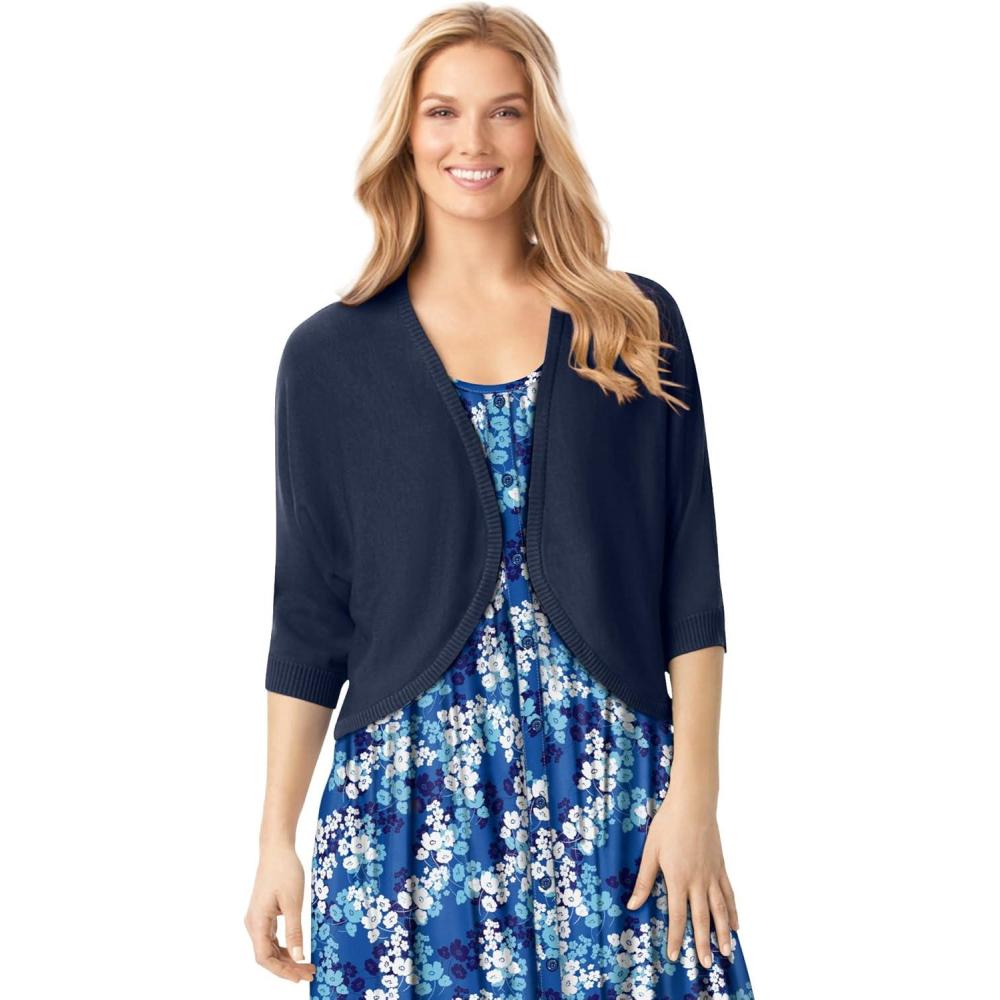 imageWoman Within Plus Size Rib Trim Cardigan Shrug SweaterNavy