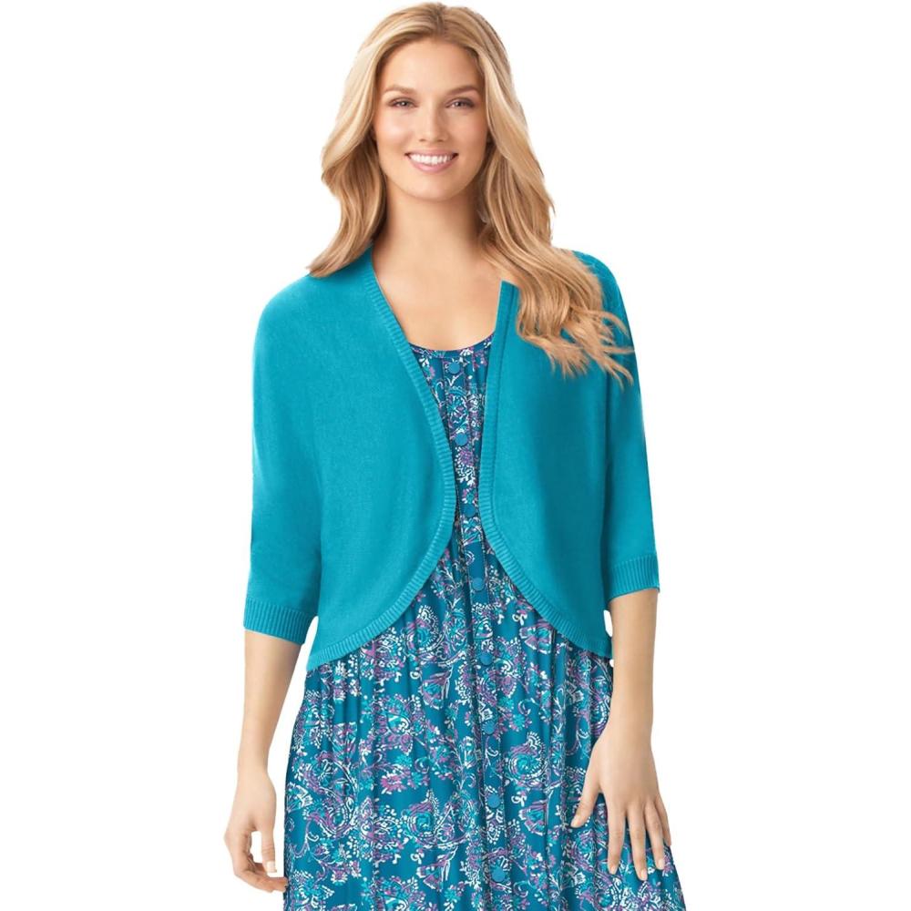 imageWoman Within Plus Size Rib Trim Cardigan Shrug SweaterPretty Turquoise