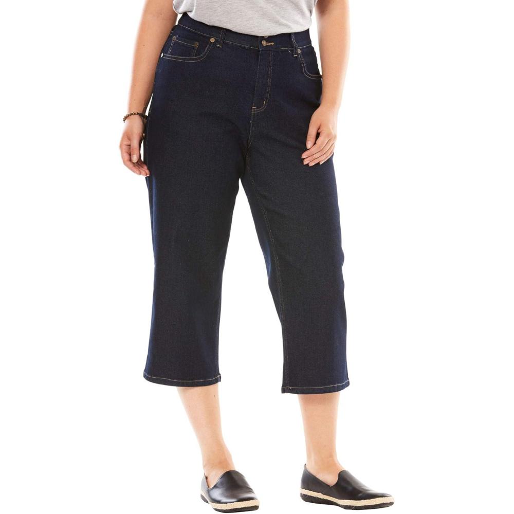 imageWoman Within Plus Size Stretch Builtin Slimming Panel Capri JeansIndigo