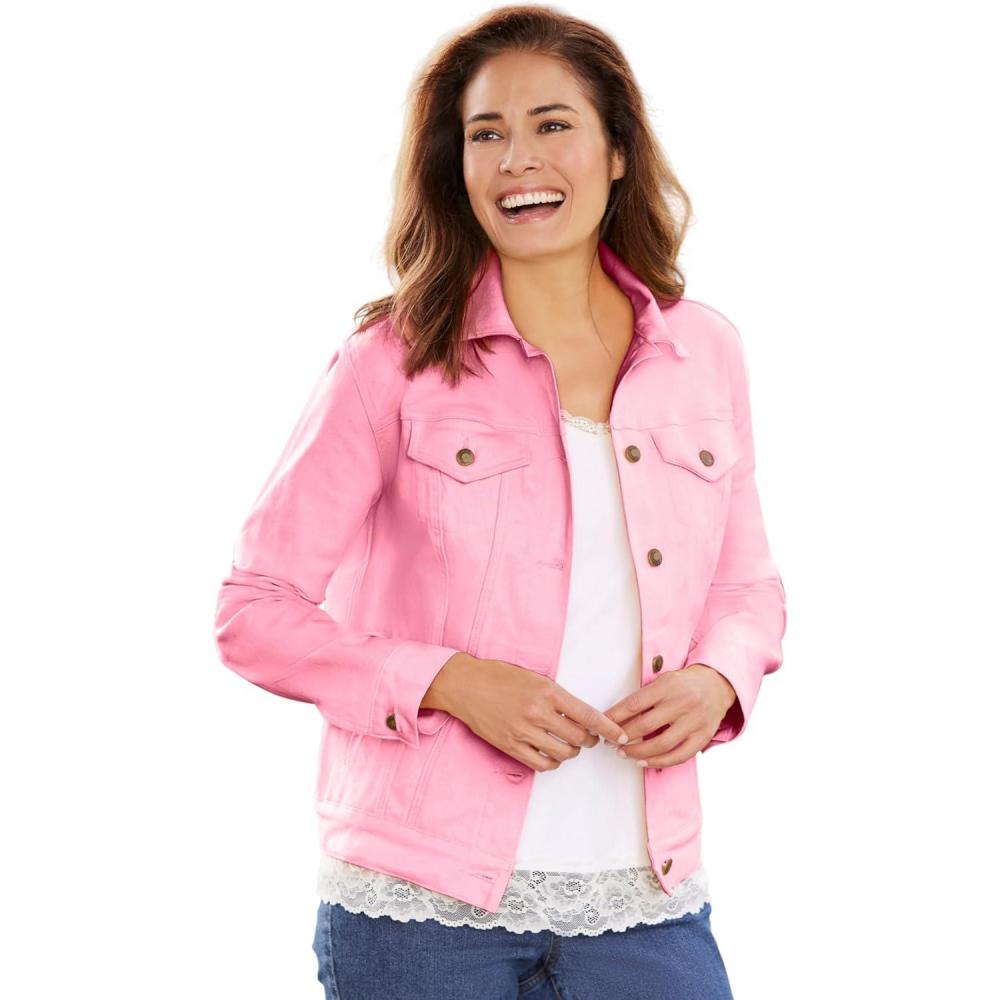 imageWoman Within Plus Size Stretch Denim Jacket Cropped Jean JacketDelicate Pink