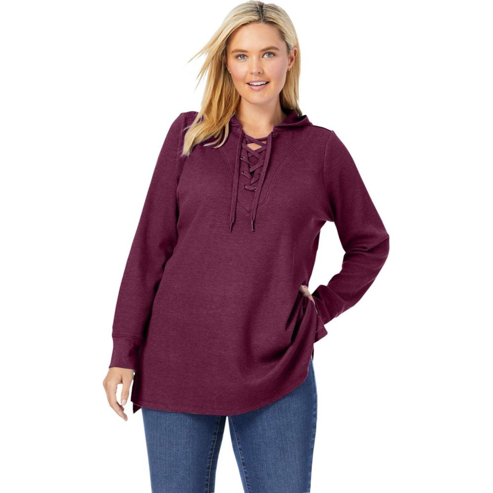 imageWoman Within Plus Size WaffleThermal LaceUp HoodieDeep Claret