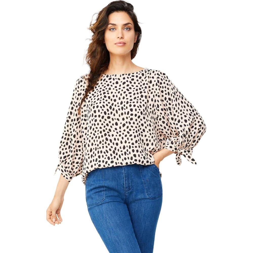 imageellos Plus Size 34 TieSleeve BlouseSoft Beige Black Dot