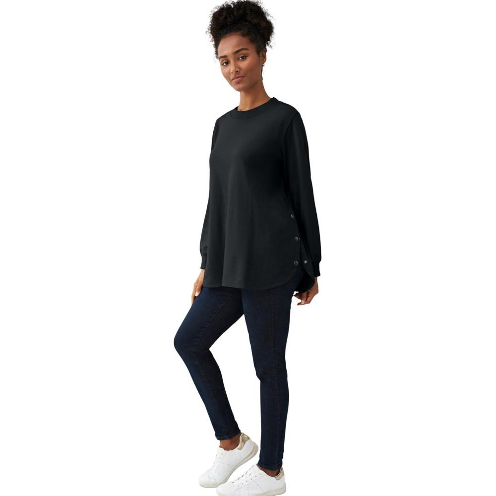 imageellos Plus Size Curved Hem Sweatshirt Tunic With Side SnapsBlack