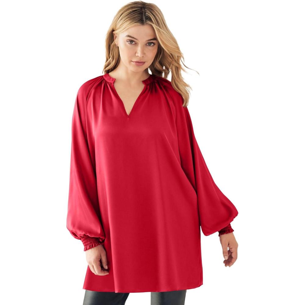 imageellos Plus Size Satin VNeck Tunic With Blouson SleevesClassic Red