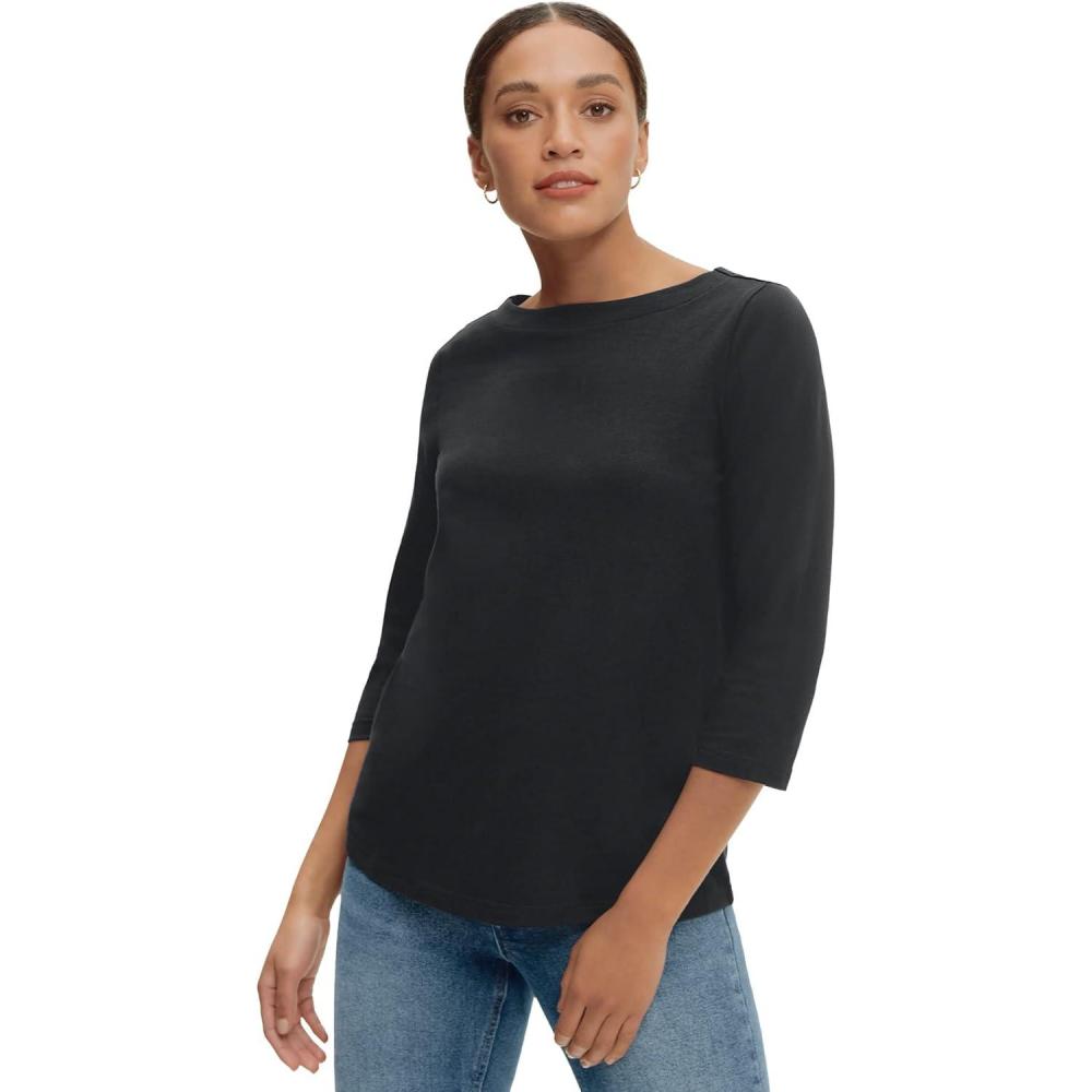 imageellos Plus Size Stretch Knit Scoop Neck 34 Sleeve TopBlack