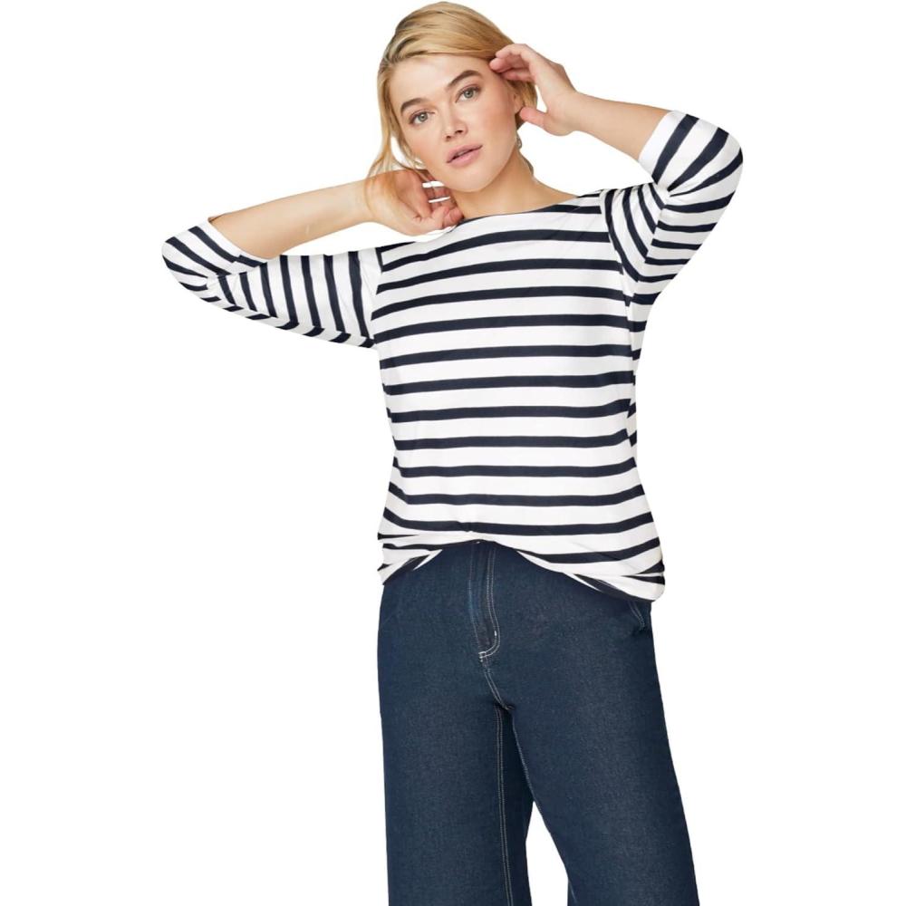 imageellos Plus Size Stretch Knit Scoop Neck 34 Sleeve TopWhite Navy Stripe