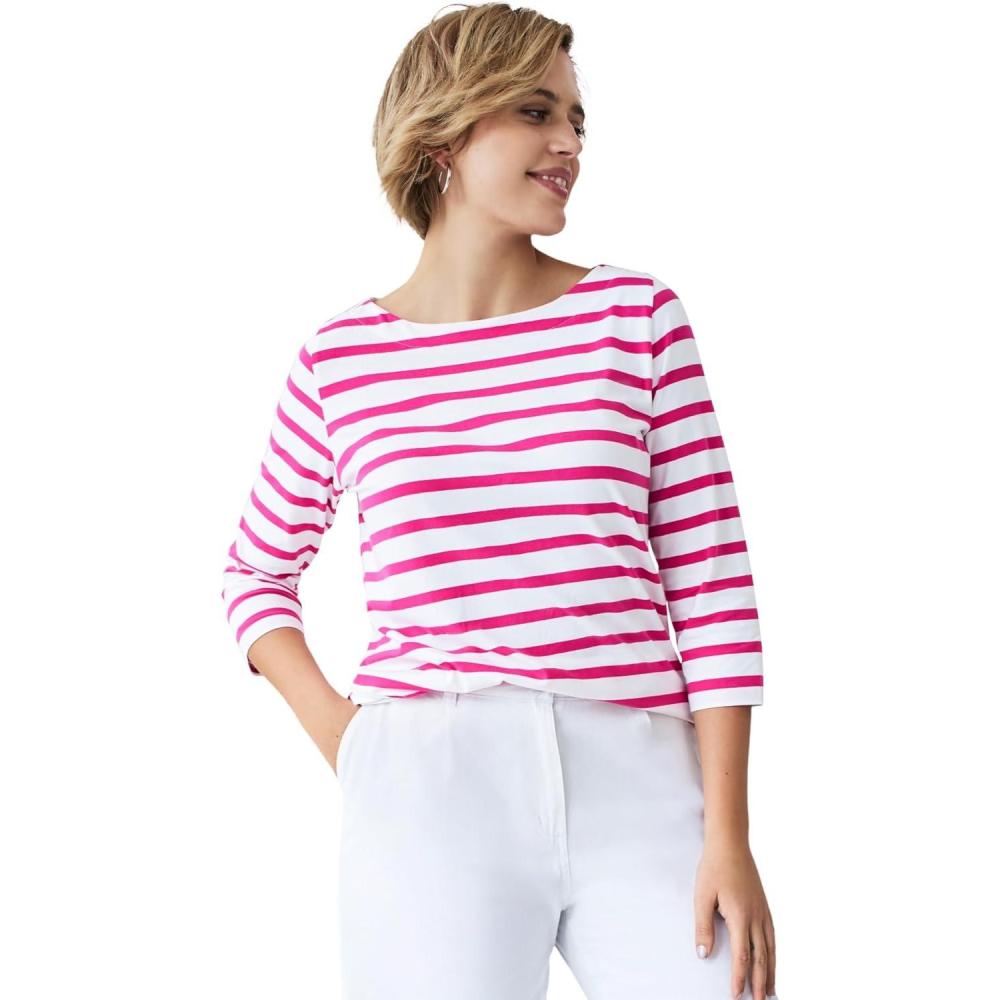 imageellos Plus Size Stretch Knit Scoop Neck 34 Sleeve TopWhite Raspberry Sorbet Stripe